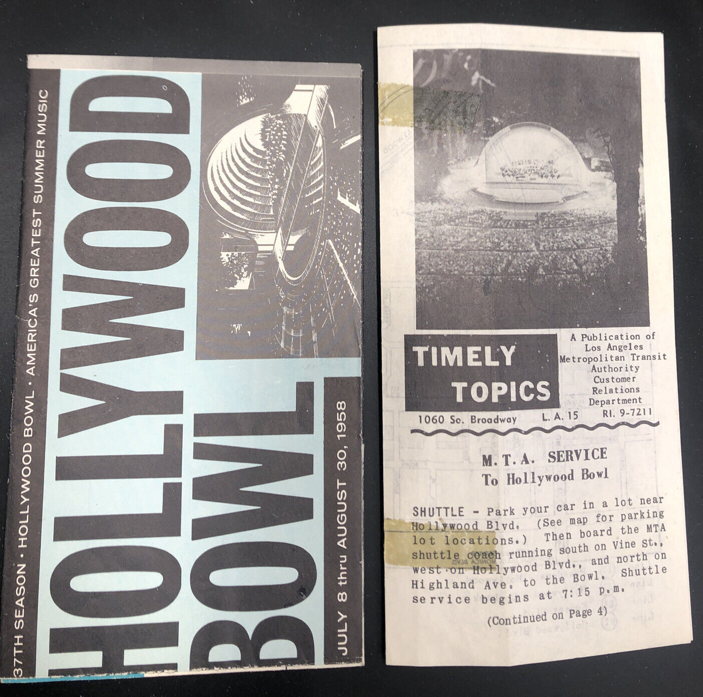 1958 Hollywood Bowl Summer Music Schedule California Brochure + MTA Shuttle Map