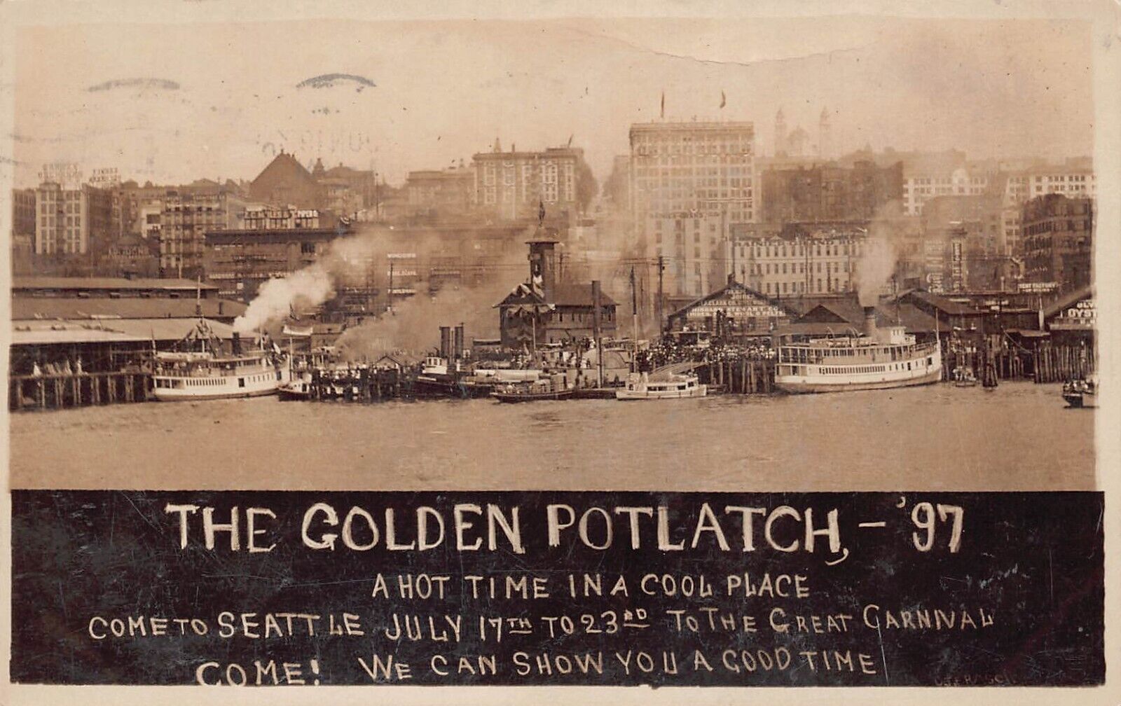RPPC Seattle WA 1911 First Golden Potlatch Harbor Skyline Photo Vtg Postcard C41