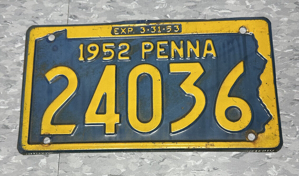 Vintage 1952 Pennsylvania License Plate 24036 Penna Man Cave Car Auto Decor