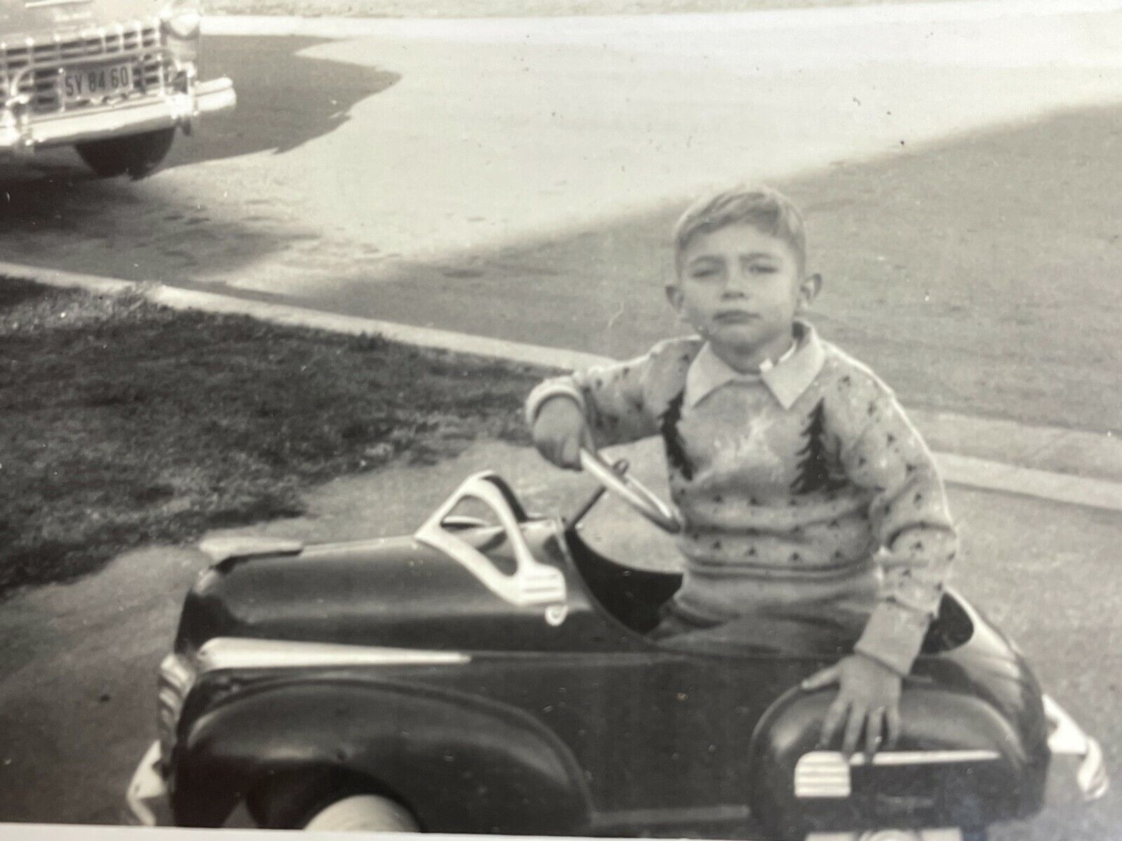 Y2 Photograph Artistic 1940-50's Boy In Push Car Toy Portrait