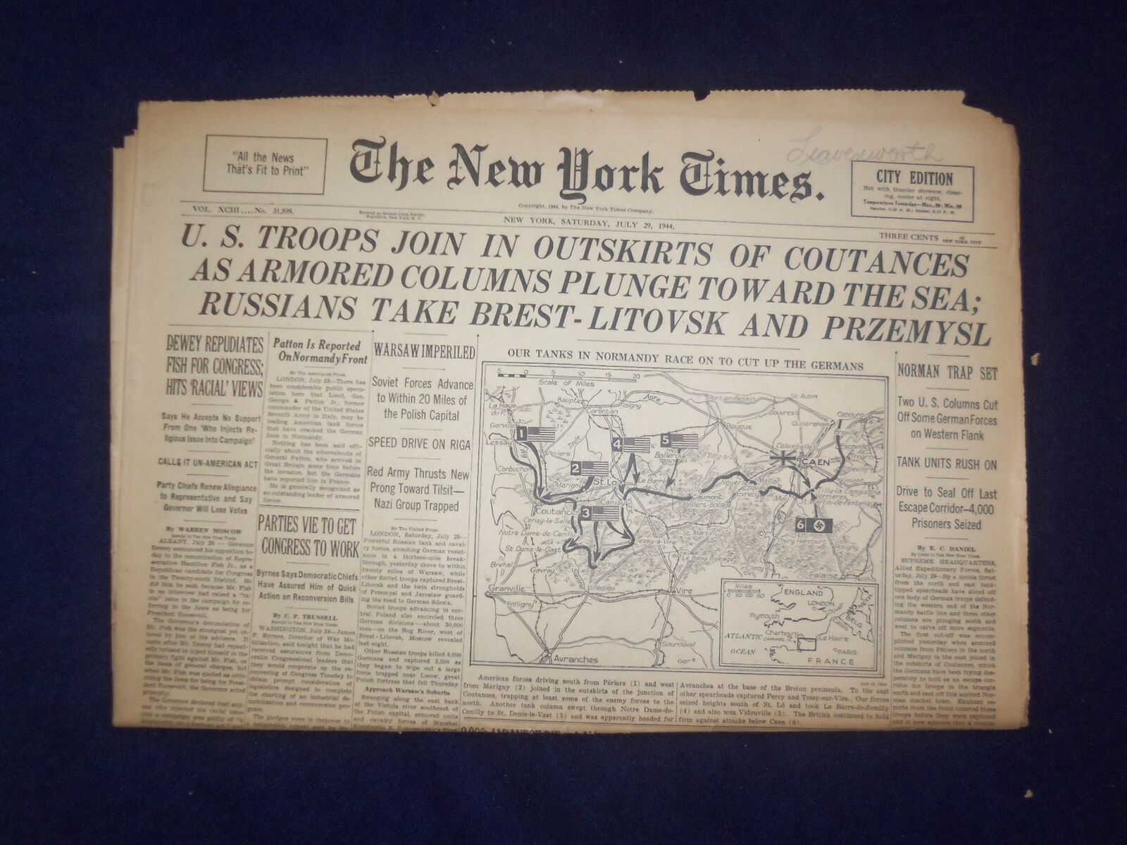 1944 JULY 29 NEW YORK TIMES - U.S TROOPS JOIN IN OUTSKIRTS OF COUTANCES- NP 6597