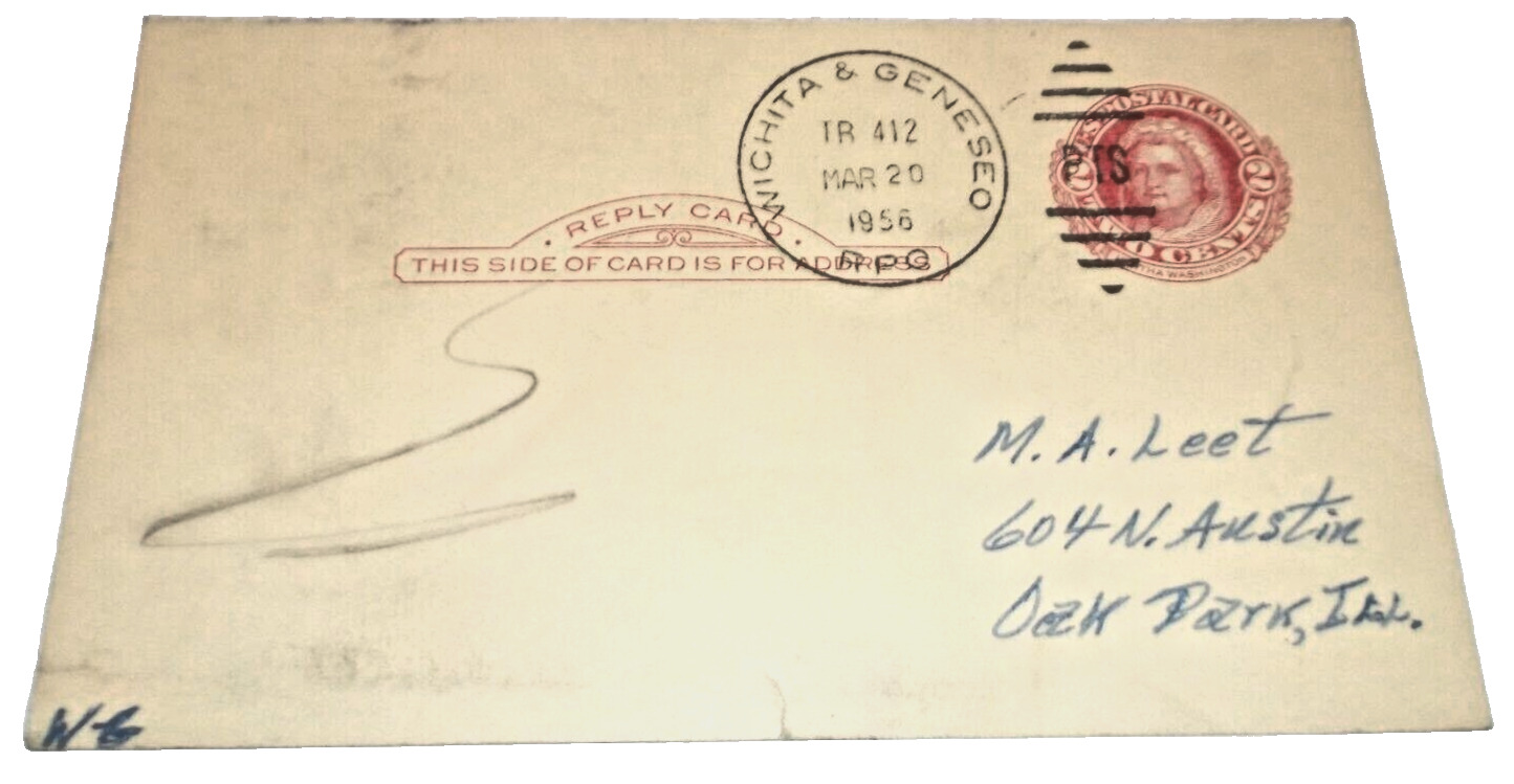 1956 MISSOURI PACIFIC MOPAC WICHITA & GENESEO TRAIN #412 RPO HANDLED POST CARD
