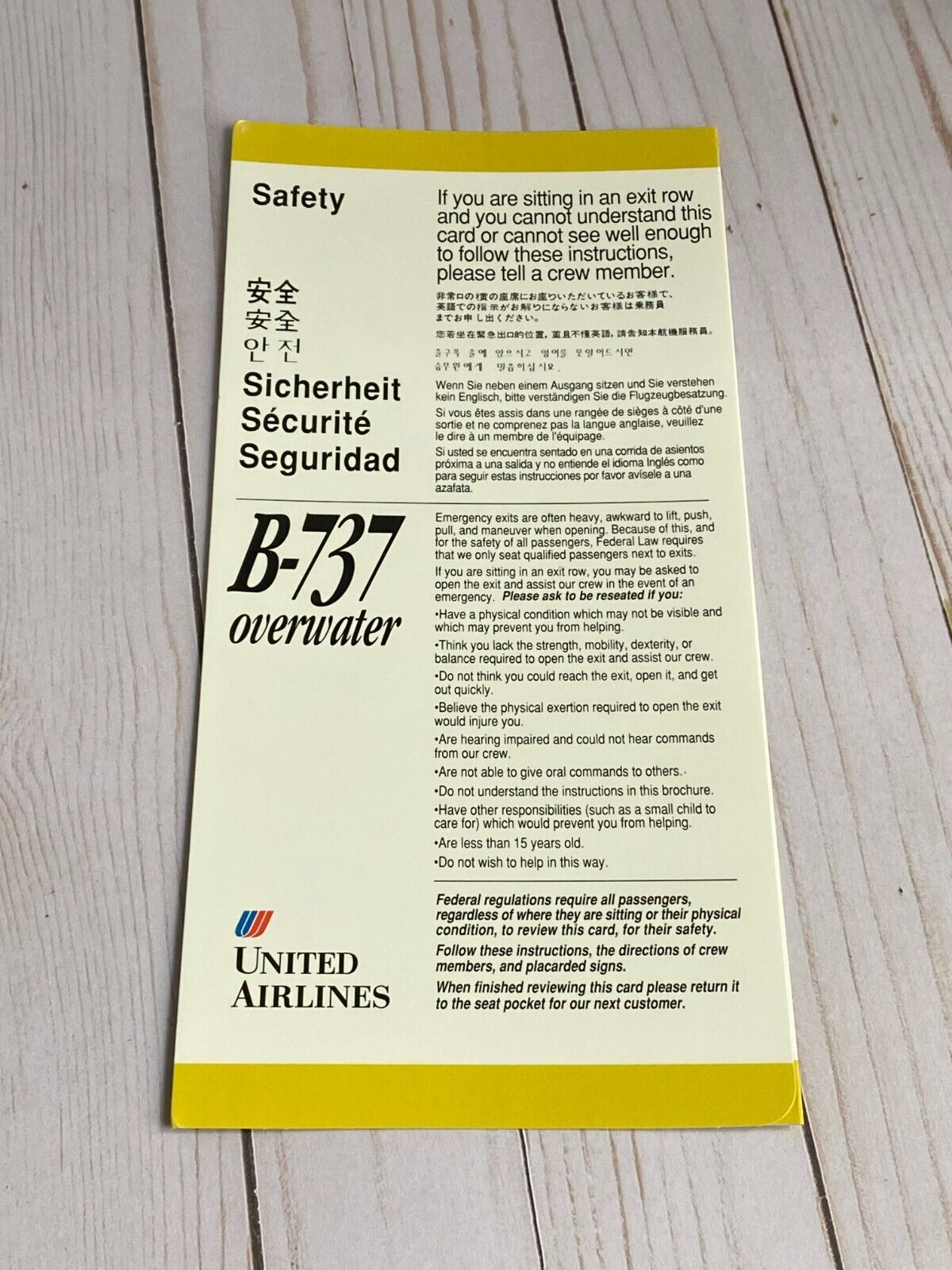 United Airlines Boeing 737 Overwater Safety Card - 4/92