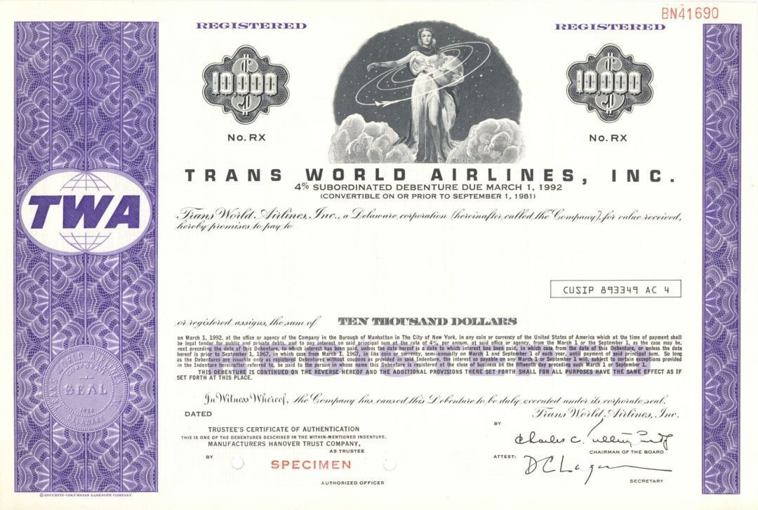 Trans World Airlines, Inc. - $10,000 Specimen Bond - Specimen Stocks & Bonds