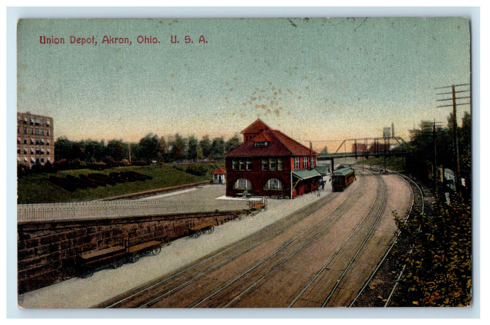 1912 Union Depot, Akron Ohio OH, Streetcar Trolley RPO Posted Postcard