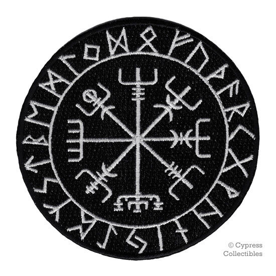 VIKING COMPASS PATCH Vegvisir IRON-ON EMBROIDERED ICELANDIC NORSE RUNE - WHITE