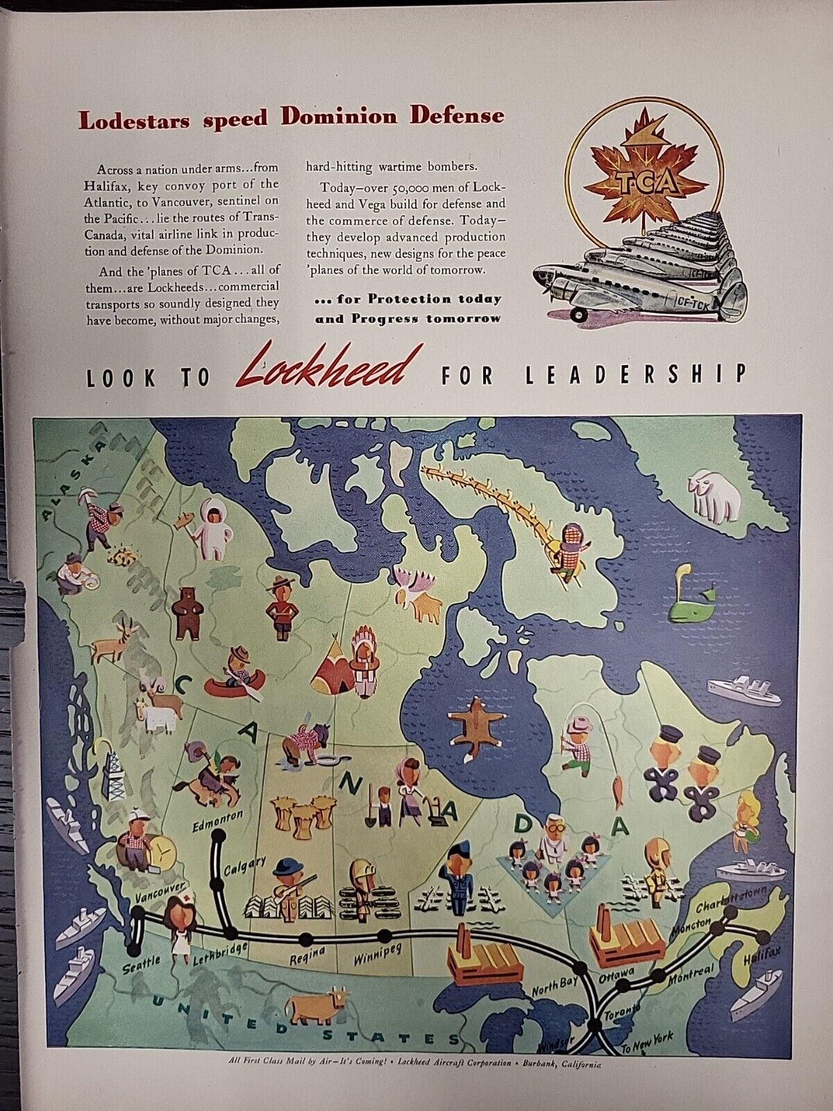 1942 Lockheed Aircraft Print Advertising Canada Map Defense WW2 TCA LIFE L42A