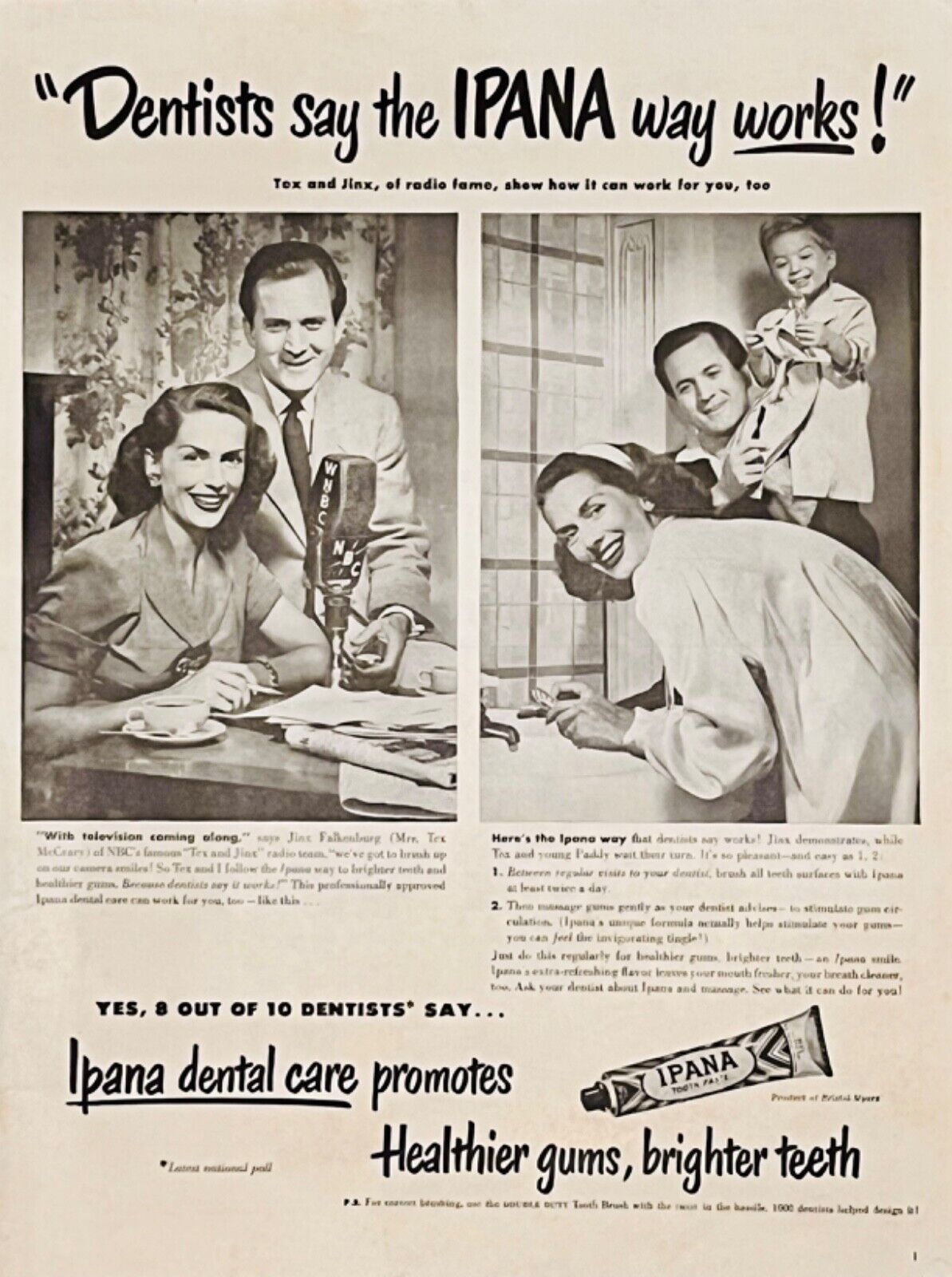 1948 Vtg Print Ad Ipana Toothpaste Family Health Bathroom Retro NBC Decor Gift