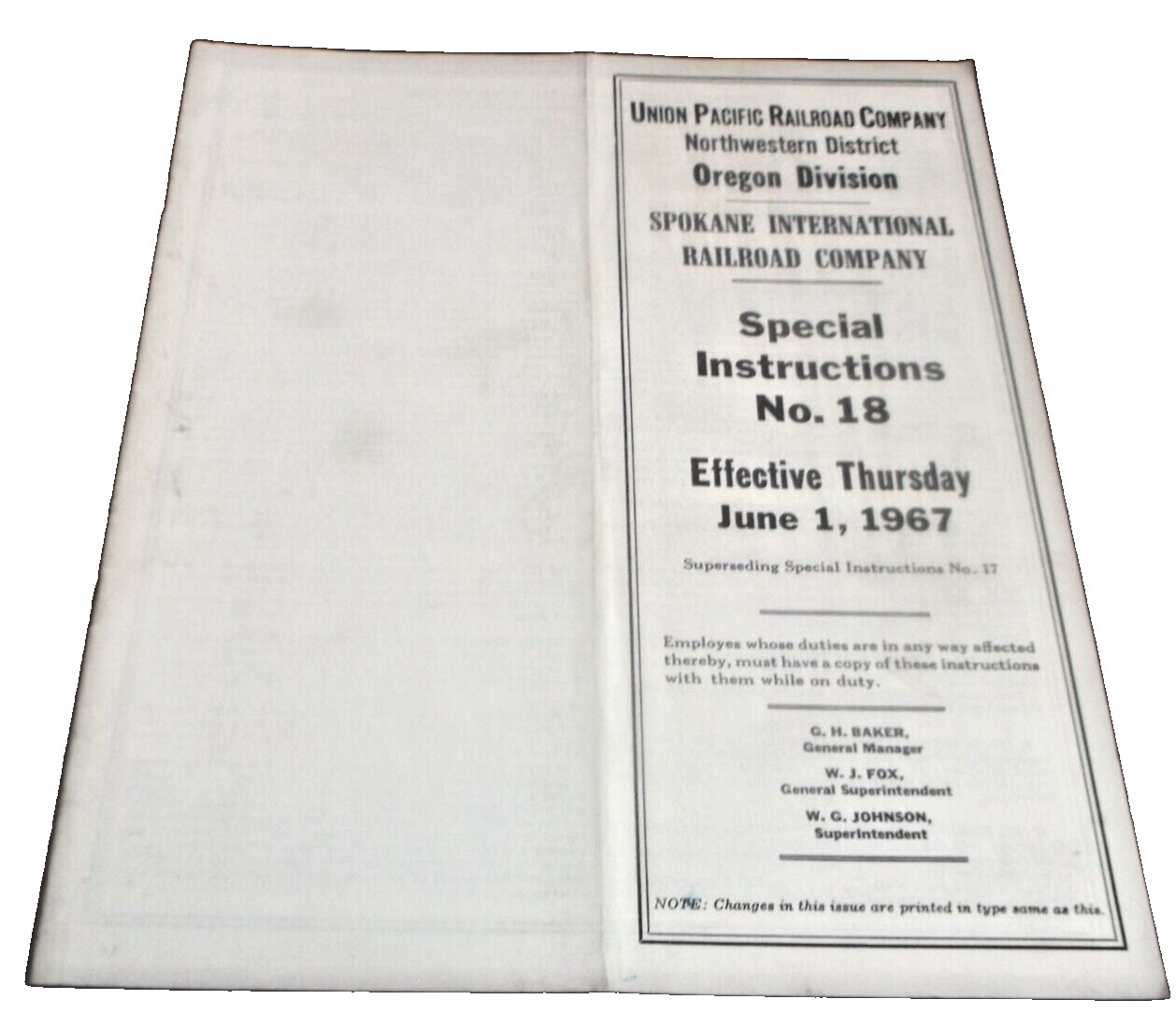 JUNE 1967 UNION PACIFIC OREGON DIVISION SPECIAL INSTRUCTIONS #18