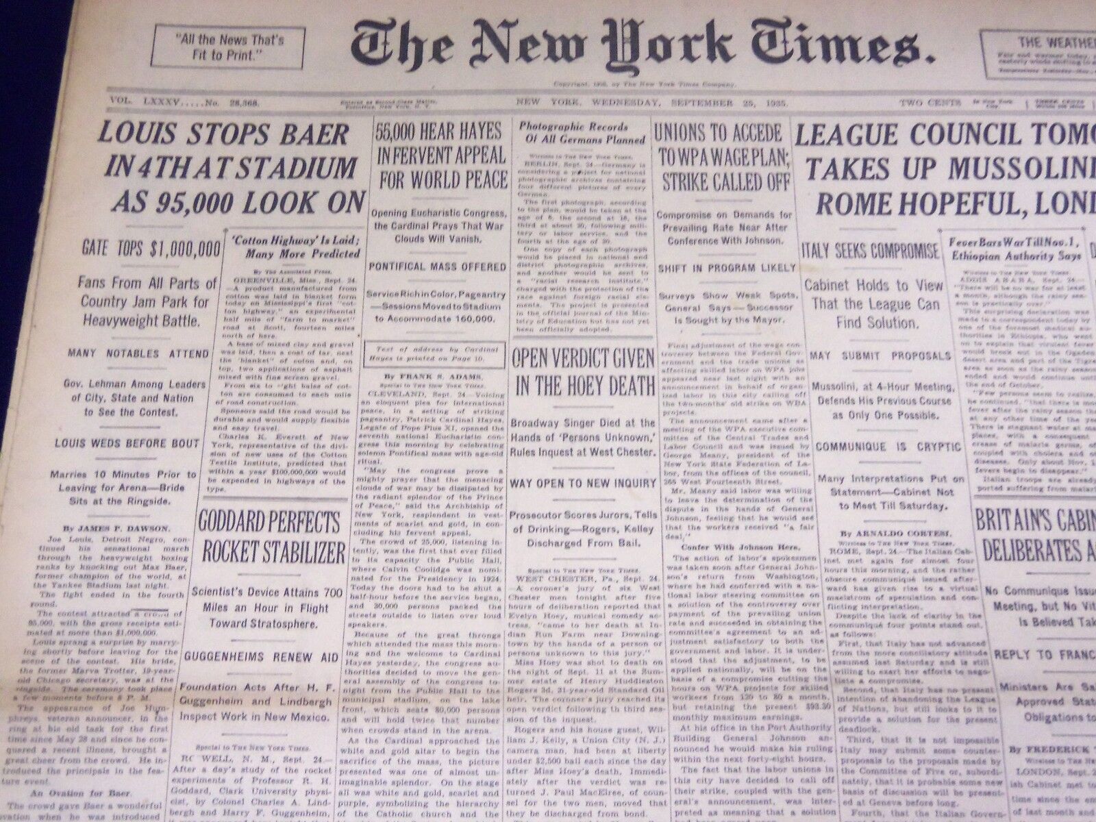 1935 SEPT 25 NEW YORK TIMES - LOUIS STOPS BAER IN 4TH AT STADIUM - NT 1922