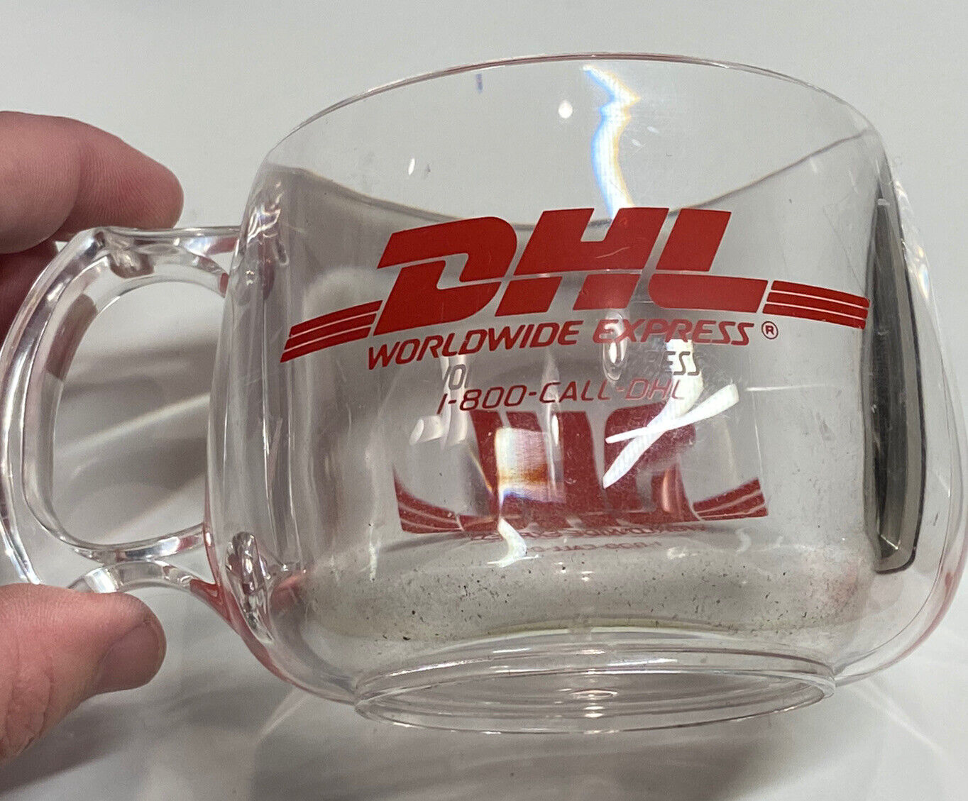 Vintage DHL Worldwide Express Clear Hard Plastic Unique Coffee Mug Rare