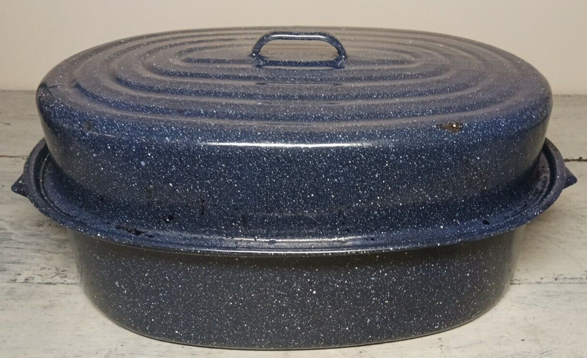 Vintage Speckled Cobalt Blue Graniteware Roaster XXL- 17 1/4\