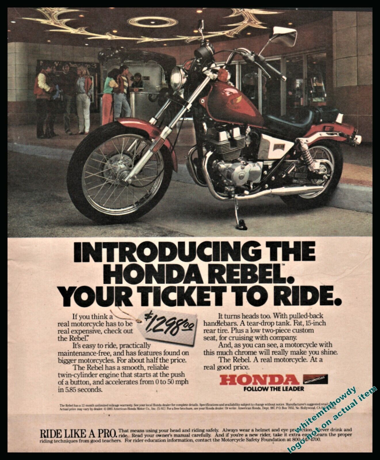1985 HONDA Rebel Vintage Motorcycle Large Format Photo AD shown w/original price