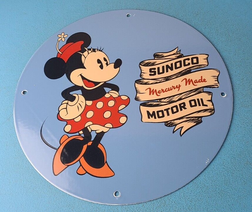 Vintage Sunoco Gasoline Porcelain Sign - Walt Disney Minnie Mouse Gas Pump Sign