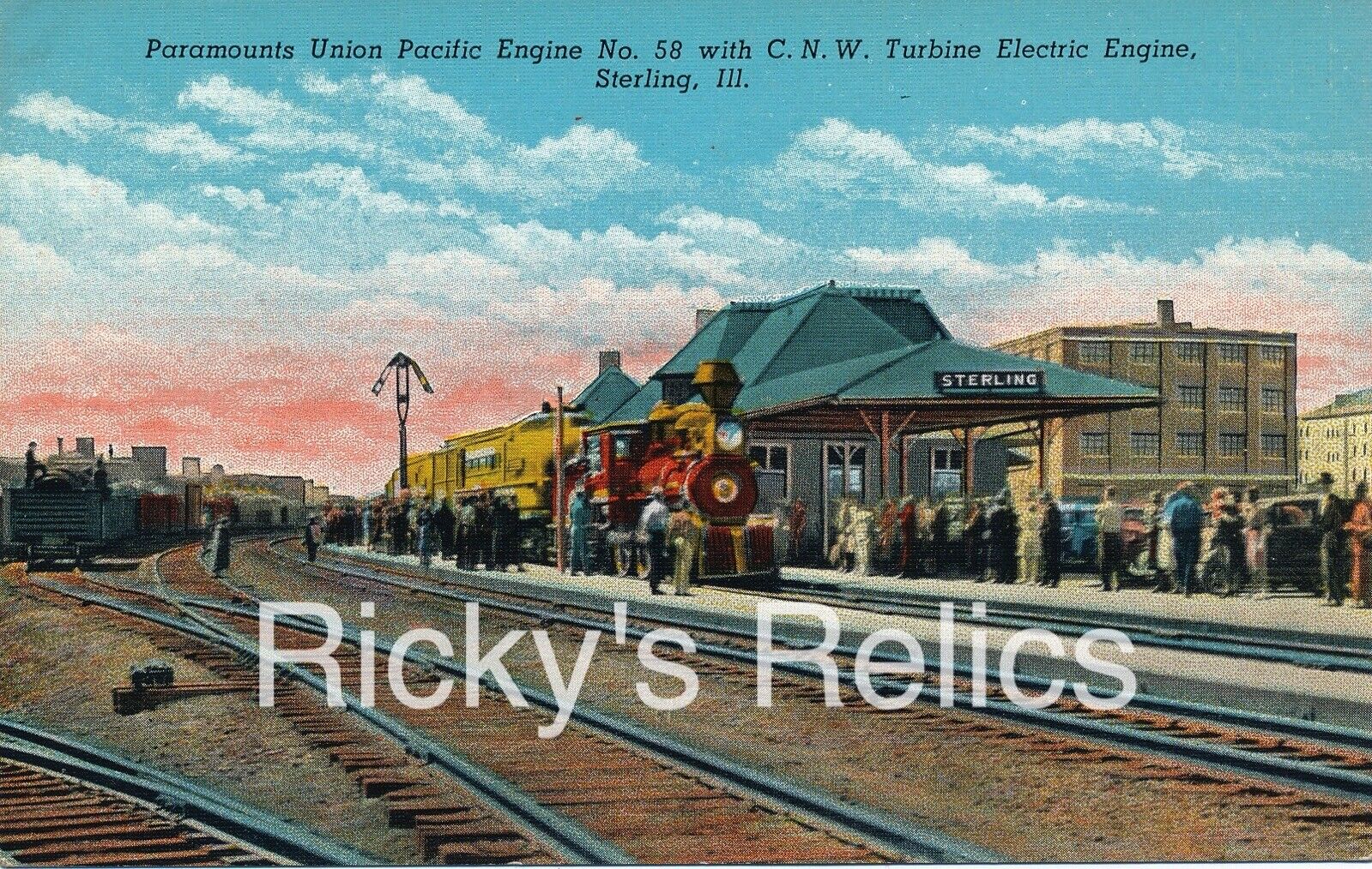 Color Postcard STERLING IL Depot/Station CNW Turbine UP #58 1940’s