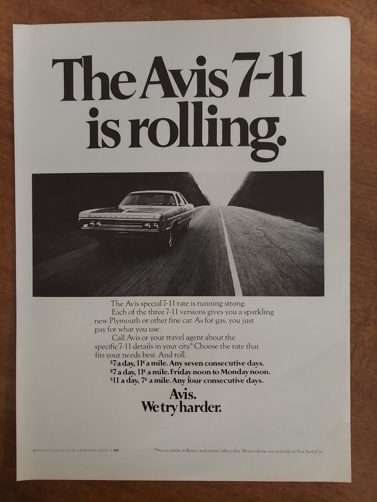 Avis Rent A Car System Inc Plymouths 7-11 Rates 1970 Vintage Print Ad