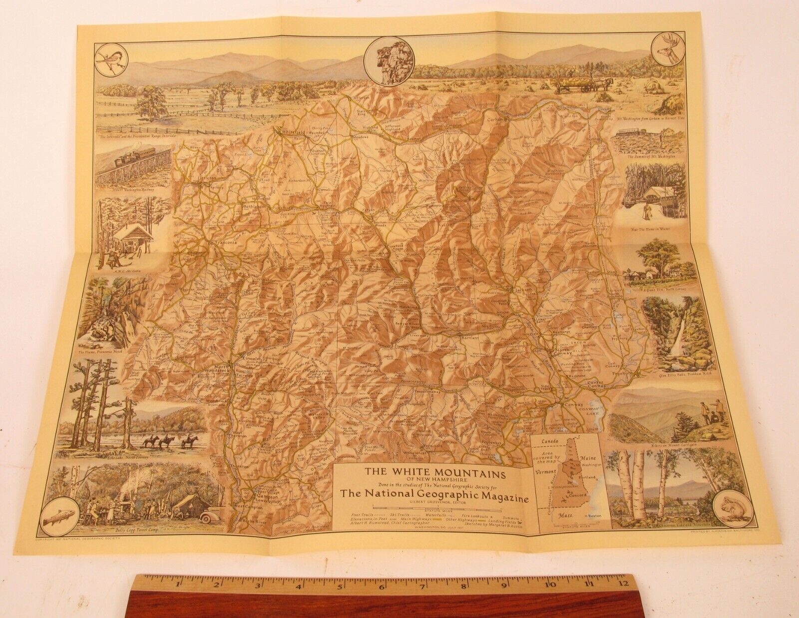 1937 WHITE MOUNTAINS OLD MAN OF THE MOUNTAIN  NATIONAL GEOGRAPHIC MAGAZINE MAP 