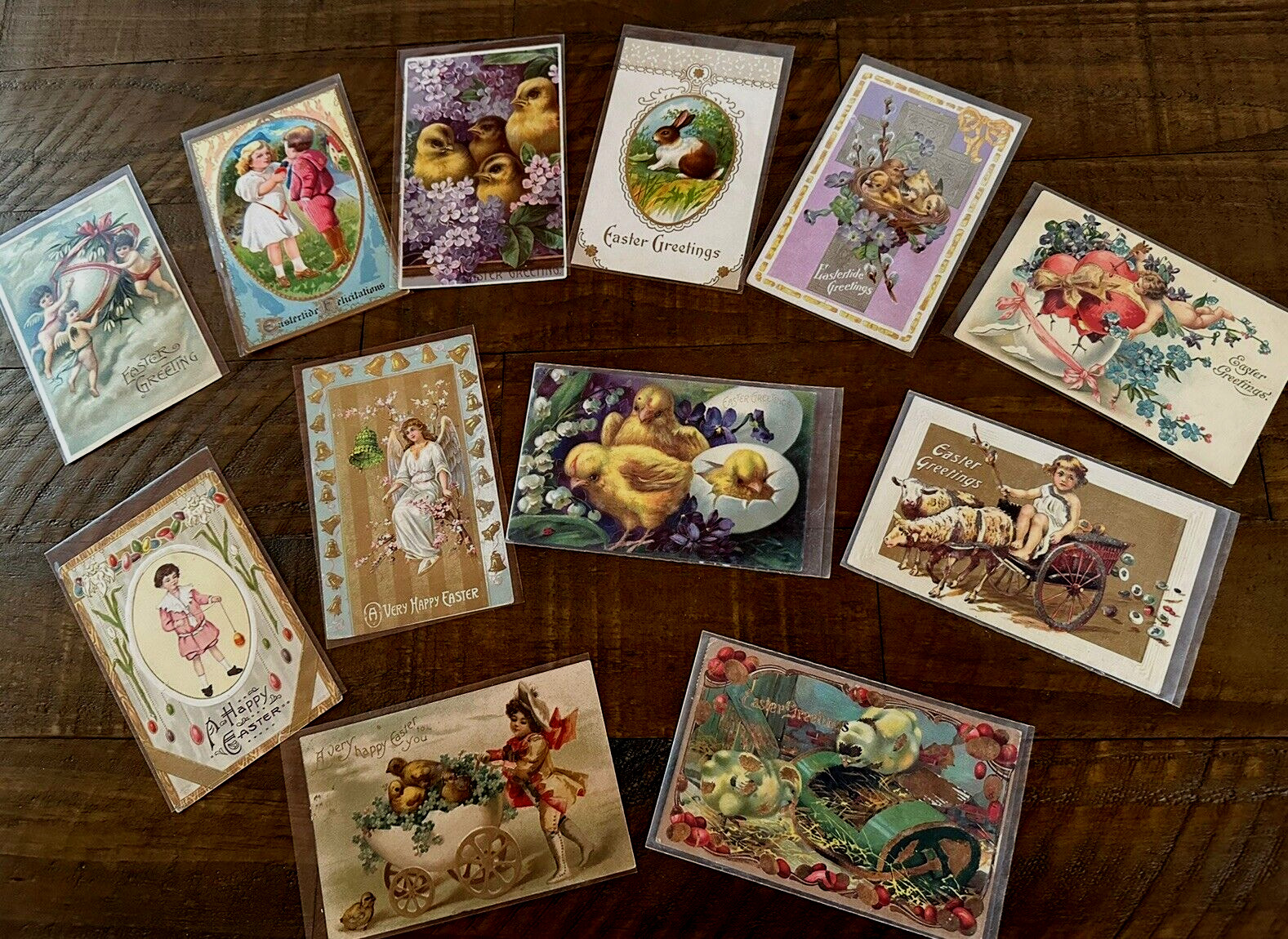 Nice~Lot of 12 Antique~ Easter Postcards~Bunnie~ Chicks~Angel~n Sleeves~h763