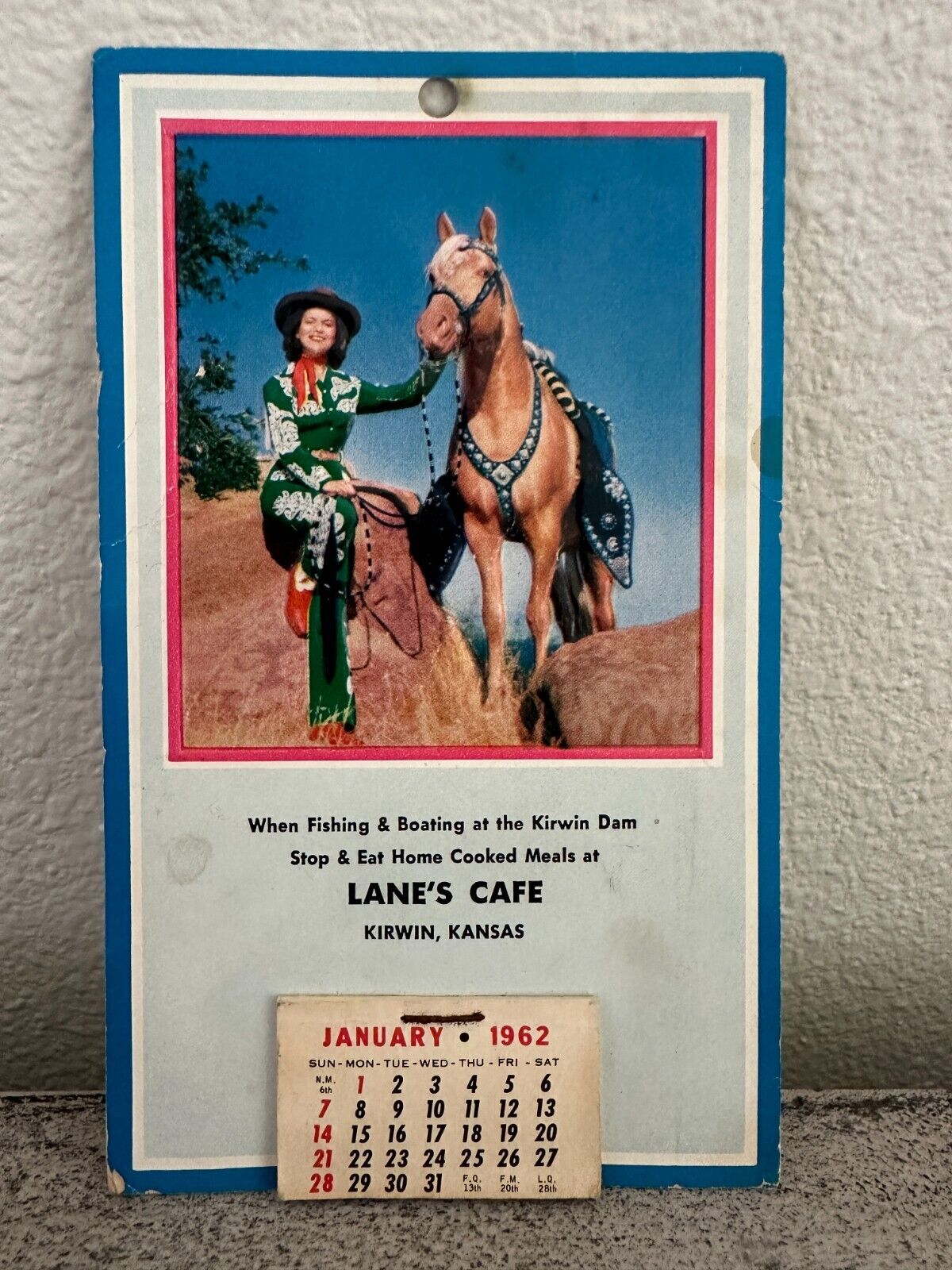 1962 Advertising Calendar Cowgirl Horse Lane\'s Cafe Kirwin, Kansas