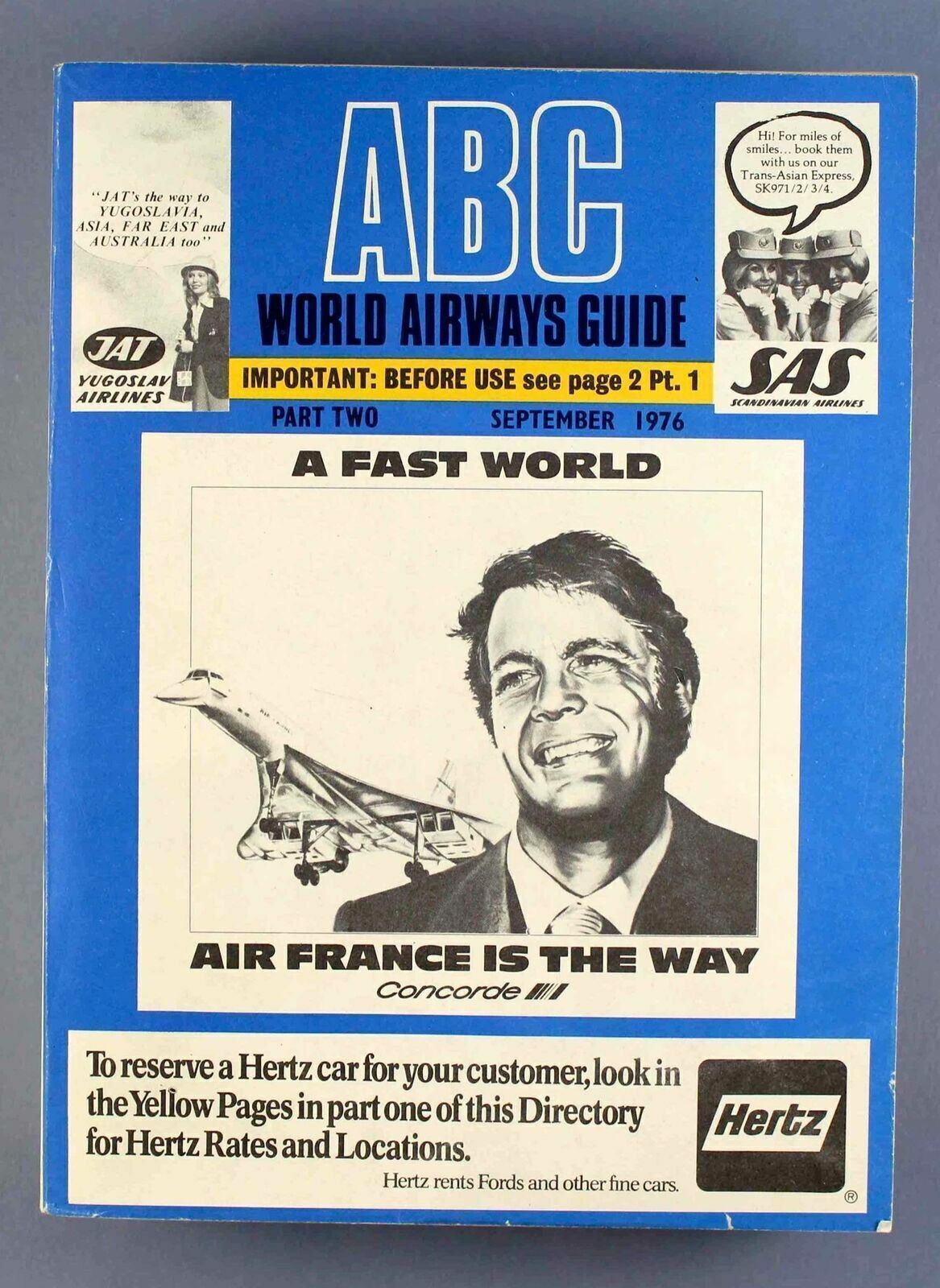 ABC WORLD AIRWAYS GUIDE SEPTEMBER 1976 AIRLINE TIMETABLE BLUE BOOK CONCORDE SAS