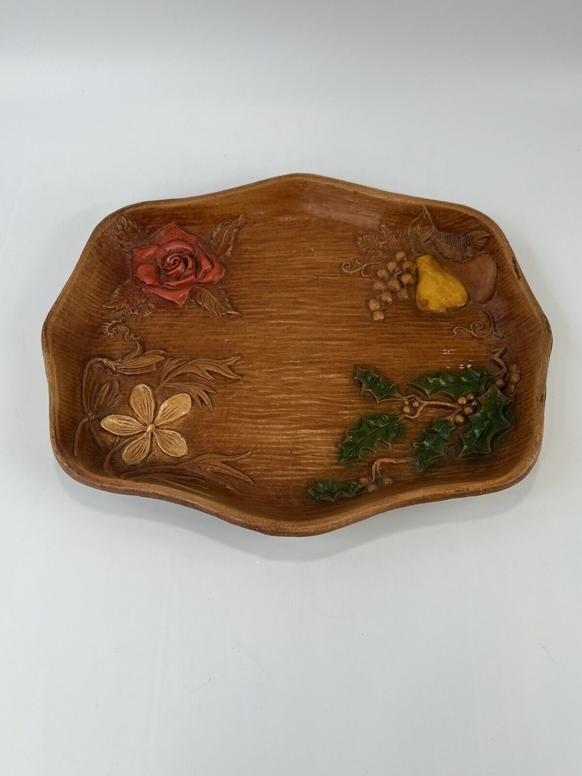 Faux Wood Serving Tray by Multi Floral  Fruit  Made in USA vintage ￼