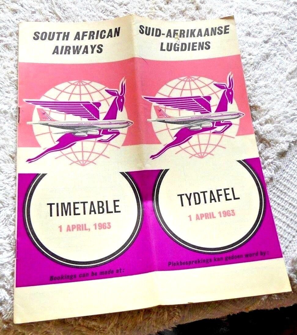 VINTAGE TIME TABLE SOUTH AFRICAN AIRWAYS SUID AFRIKAANSE LUGDIENS TYDTAFEL 1963