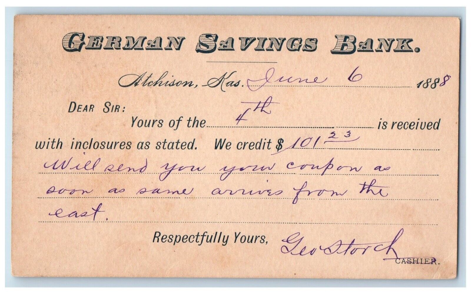 1888 German Savings Bank Atchinson Kansas KS Antique Posted Postal Card