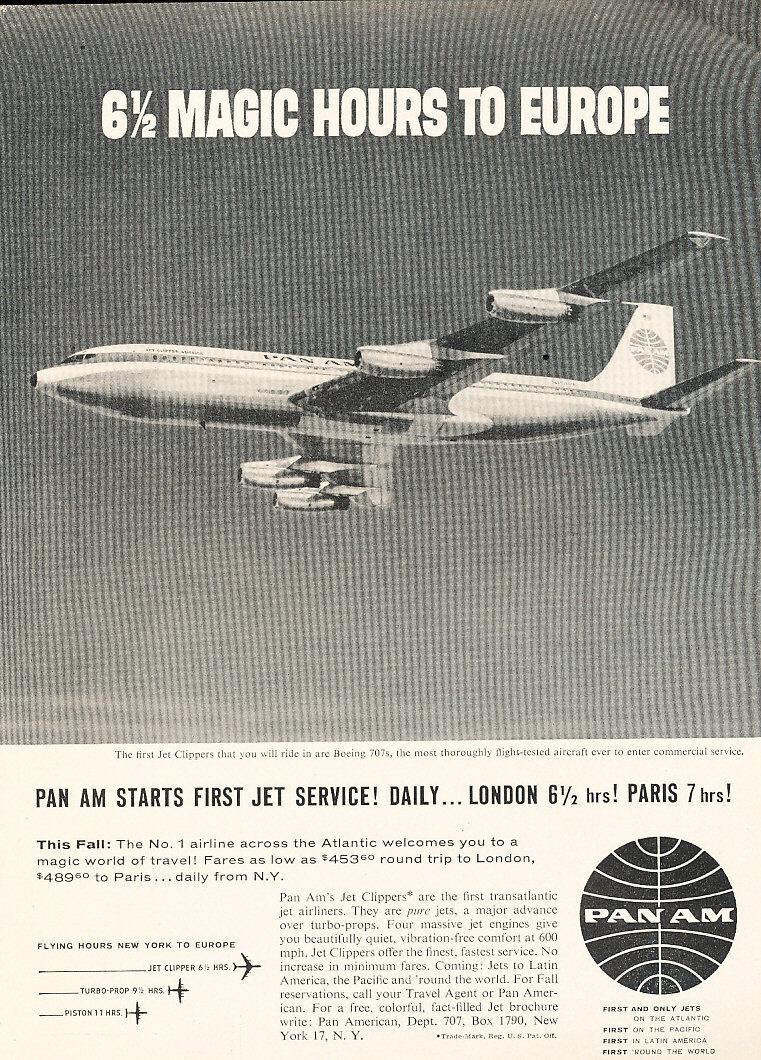 1958 Pan Am Airline 6 Hours to Europe Vintage Advertisement Print Ad J467