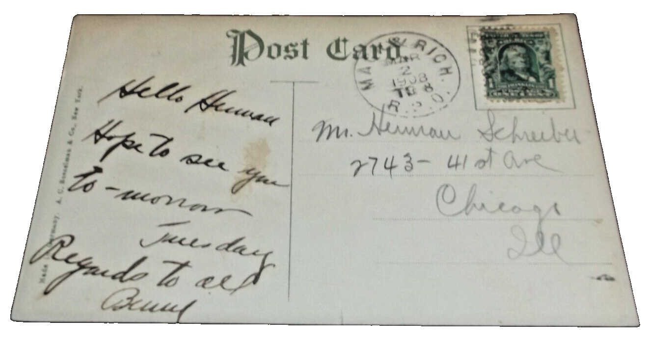 1908 PRR PENNSYLVANIA RAILROAD MACKINAW & RICHMOND RPO GRAND RAPIDS POST CARD