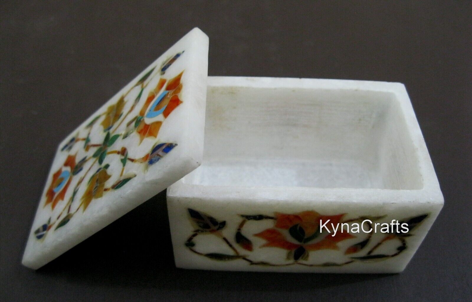 3 x 2 Inches Rectangle Marble Cosmetic Box Floral Design Inlay Work Jewelry Box