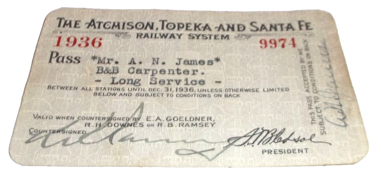 1936 SANTA FE RAILWAY ATSF EMPLOYEE PASS #9974