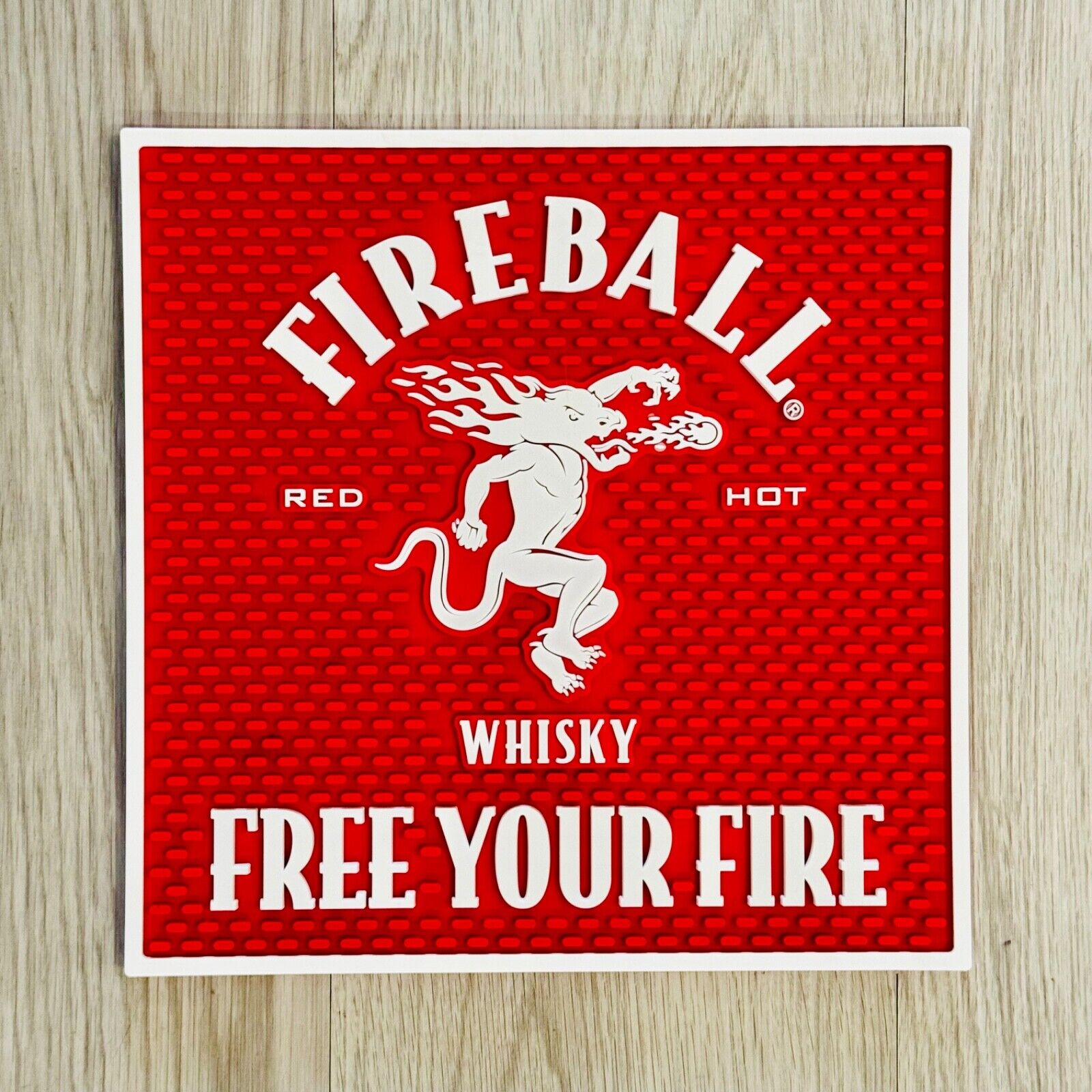 Fireball Whiskey Rubber Bar Mat 12x12 - Brand New, Heavy Duty - FREE YOUR FIRE