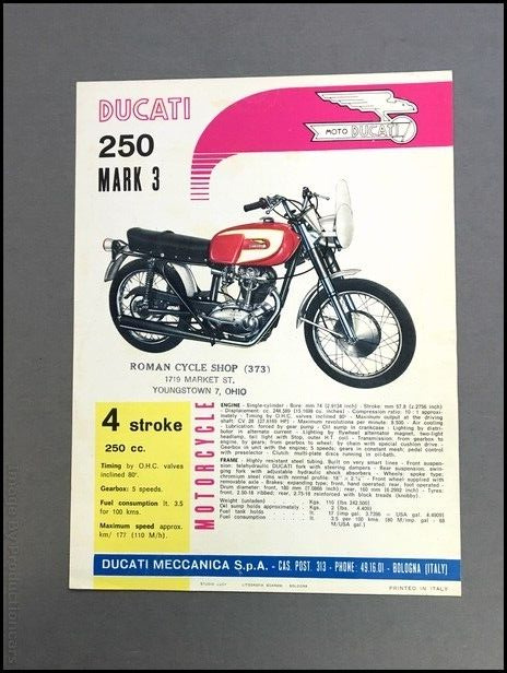 1964 1965 Ducati 250 Mark 3 Motorcycle Bike 1-page Vintage Brochure Spec Sheet