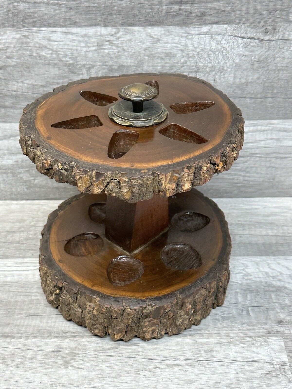 Round Rustic Live Edge Wooden Pipe Stand 6 Pipes Tobacco Vintage Estate (S3)
