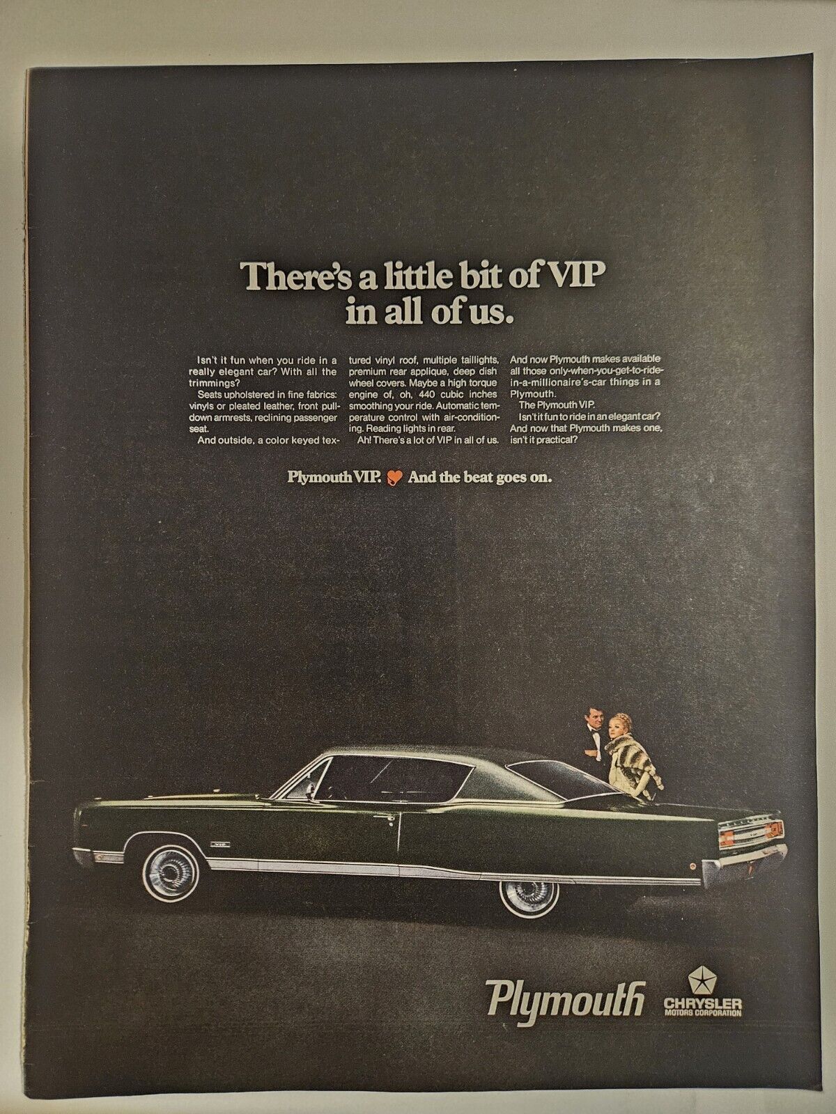 Print Ad 1968 Plymouth Fury VIP Vinyl Top Man Tux Woman Fur Coat Chrysler 