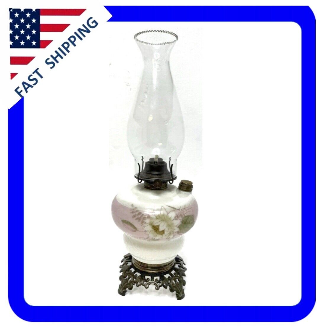 Vintage P & A Oil Lamp Hand Painted Flowers Base Eagle