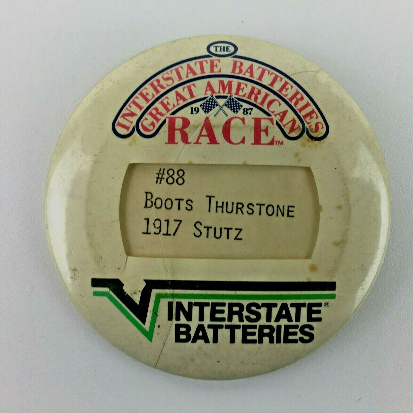 Vintage The Interstate Batteries Great American Race Pin Back Button