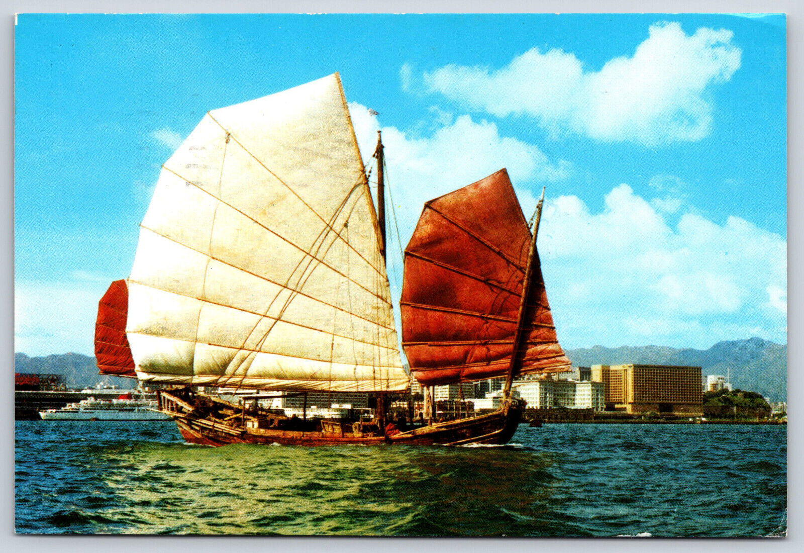 Hong Kong, China, Harbour Sailing Ships, Architecture, Antique, Vintage Postcard