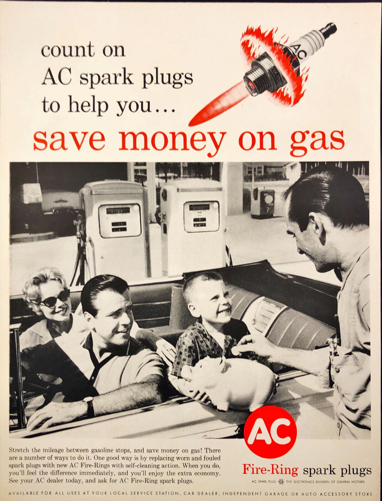 1961 AC Spark Plug Family in Convertible at Gas Station Vintage Print Ad