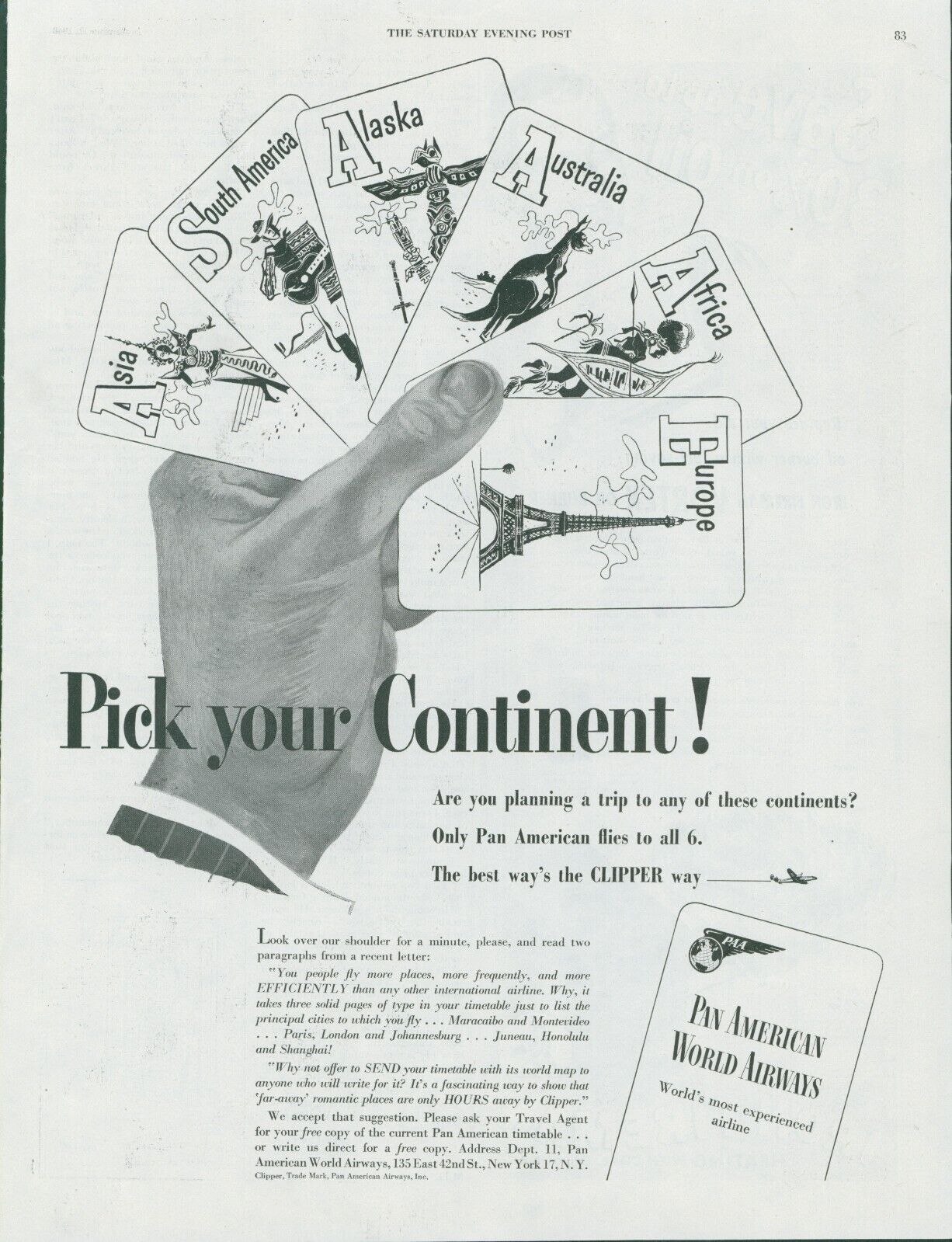 1948 Pan American World Airlines Deck of Cards Pick Continent Vtg Print Ad SP20