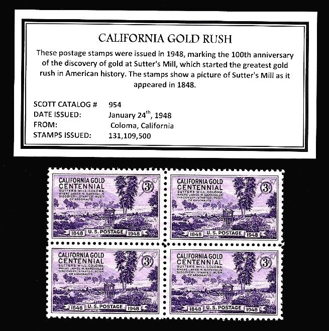 1948 - CALIFORNIA GOLD - Mint, Never Hinged, Block of  Vintage Postage Stamps