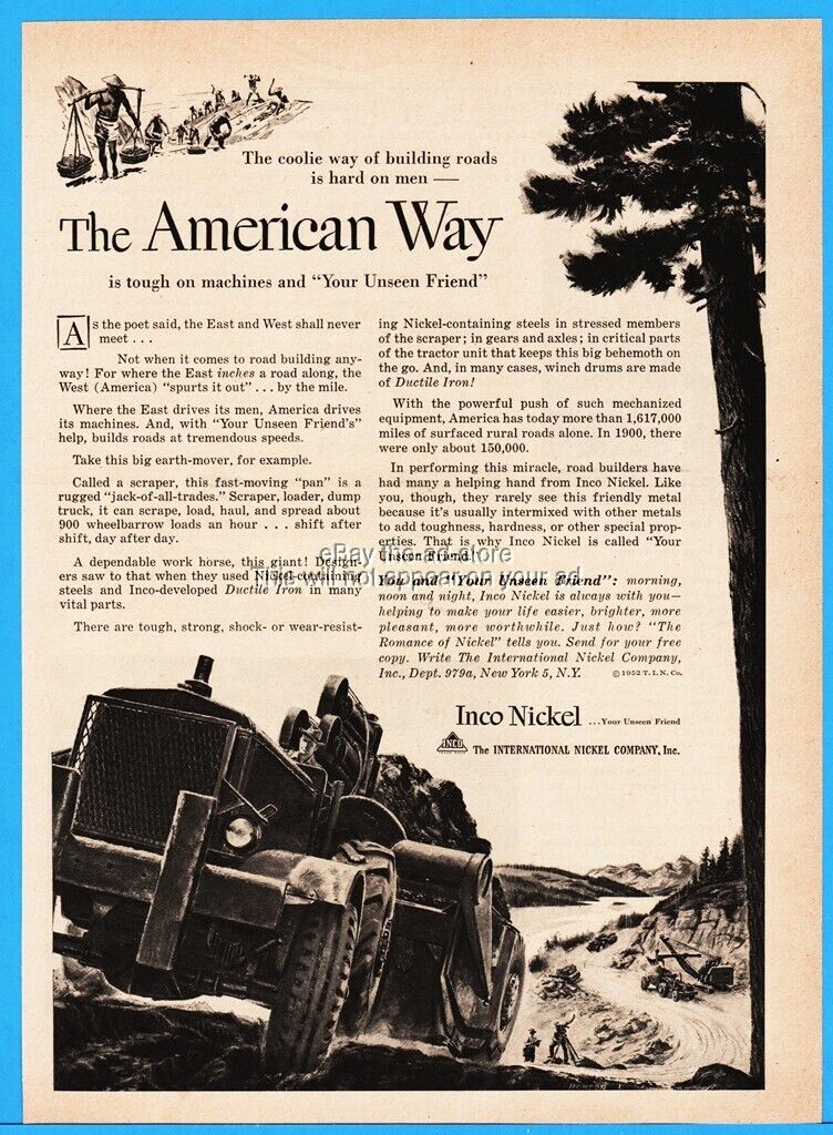 1952 Inco International Nickel AMERICAN WAY Road Building Grader Pan Ad