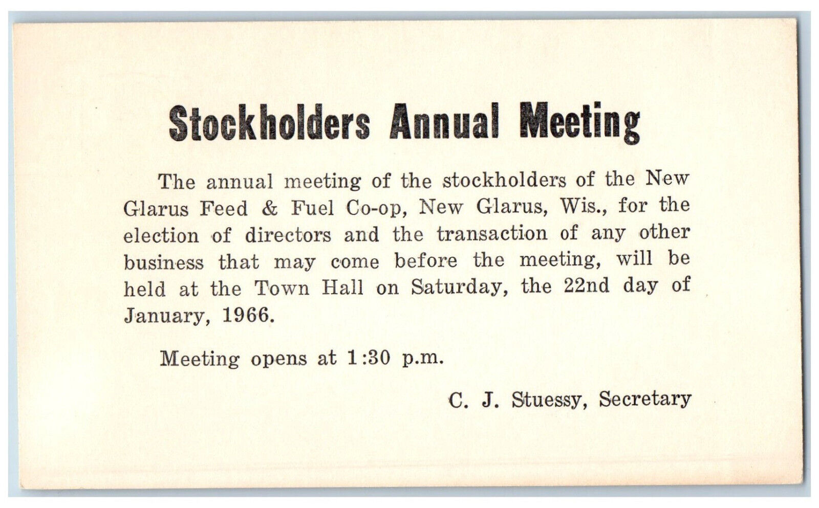 New Glarus Wisconsin WI Postal Card Stockholders Annual Meeting 1966 Vintage