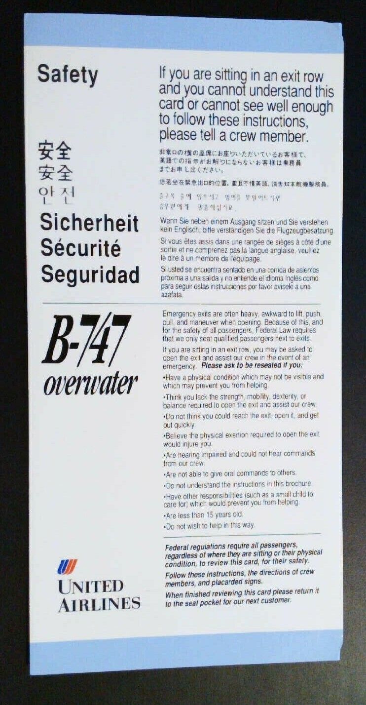 United Airlines B-747 Overwater Safety Card (Jan 1992)