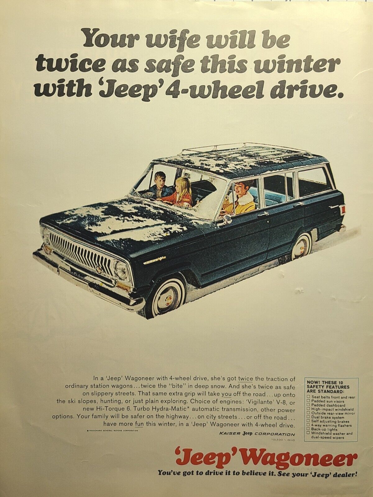\'66 Jeep Wagoneer Mom Kids Snow Kaiser Jeep Corp Toledo OH Vintage Print Ad 1966