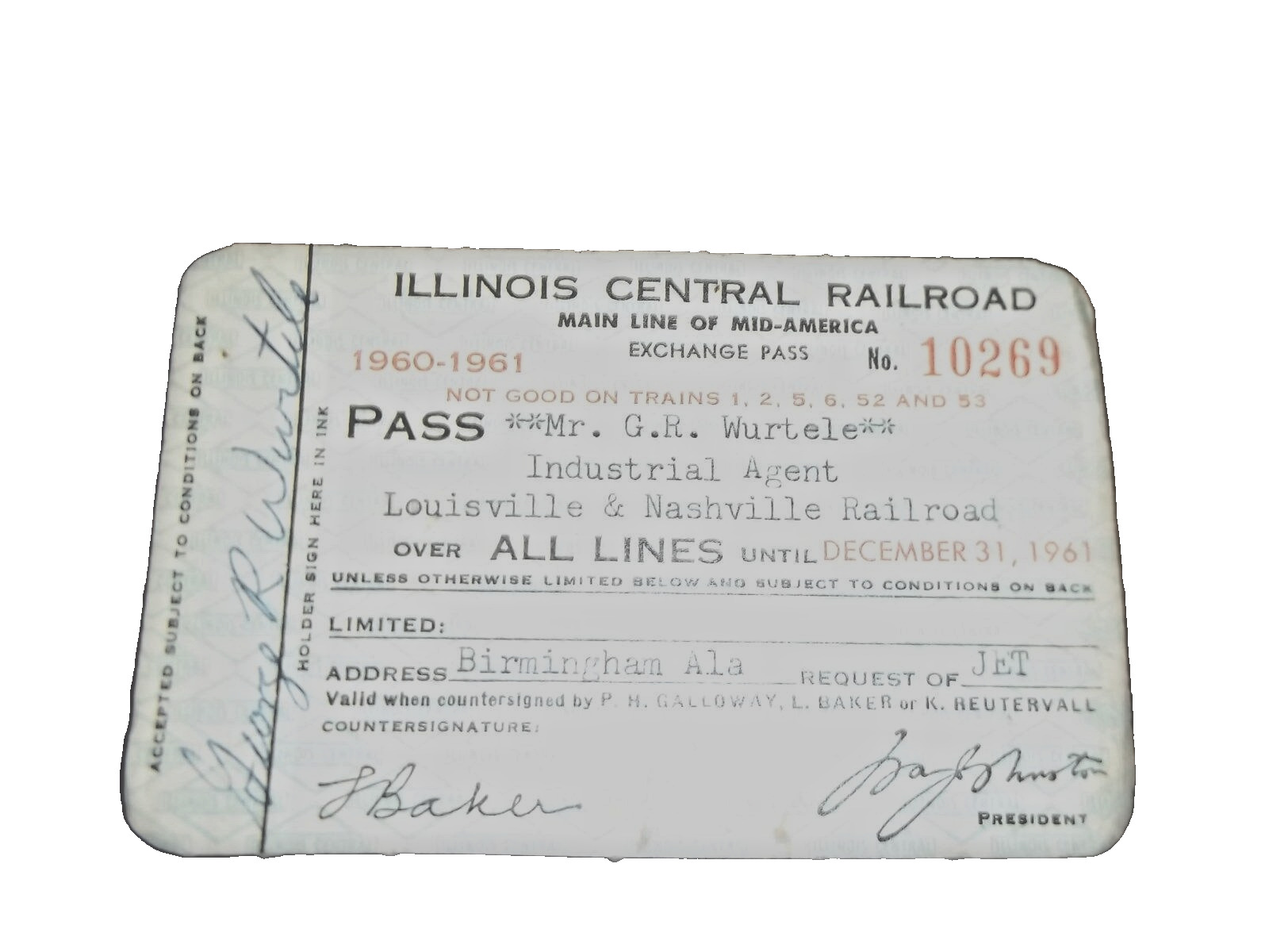 1960 1961 ILLINOIS CENTRAL RAILROAD EMPLOYEE PASS