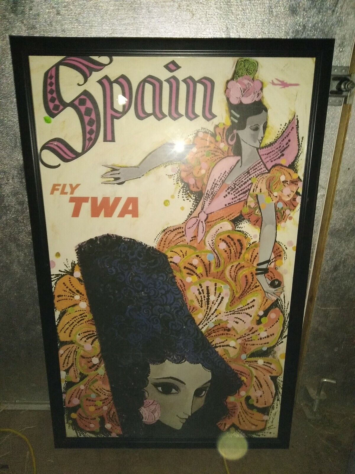 Framed Original 1960s FLY TWA SPAIN Poster David Klein Artwork Litho Made in USA