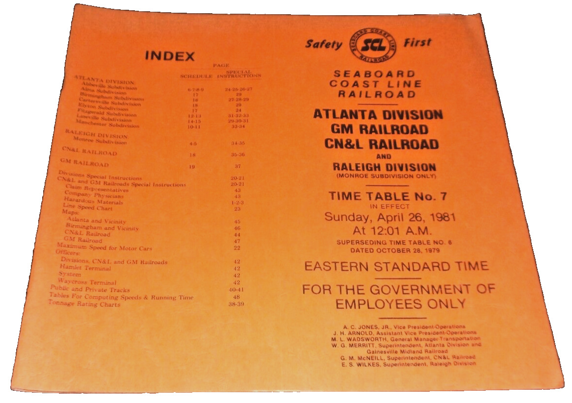 APRIL 1981 SCL SEABOARD COAST LINE ATLANTA DIVISION EMPLOYEE TIMETABLE #7