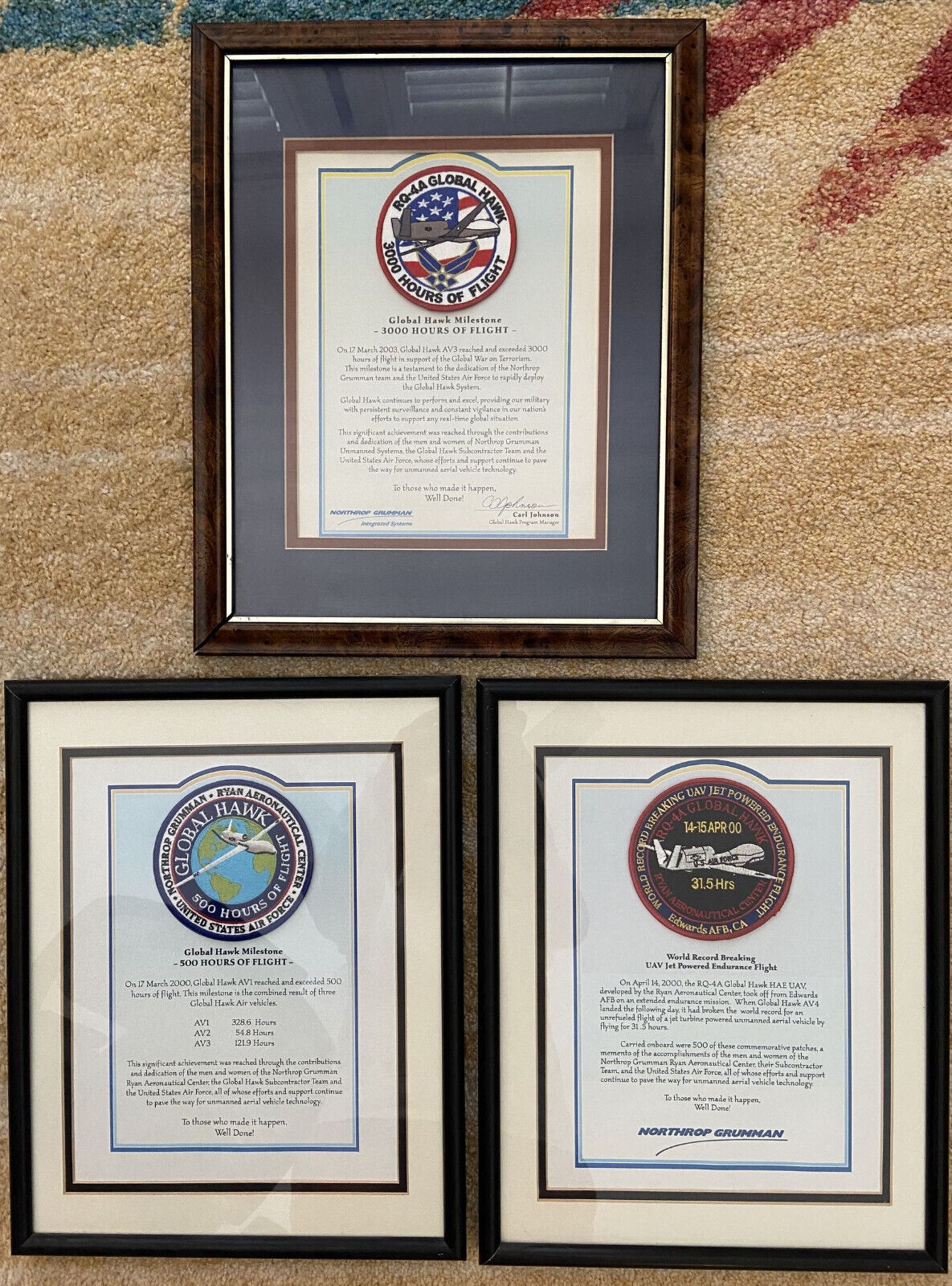 3 Global Hawk Achievement Certificates with Patches Framed, USAF Drone Aircraft