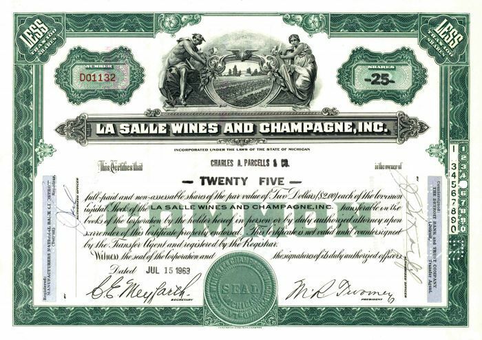 La Salle Wines and Champagne, Inc. - Spirits Stock Certificate - Breweries & Dis
